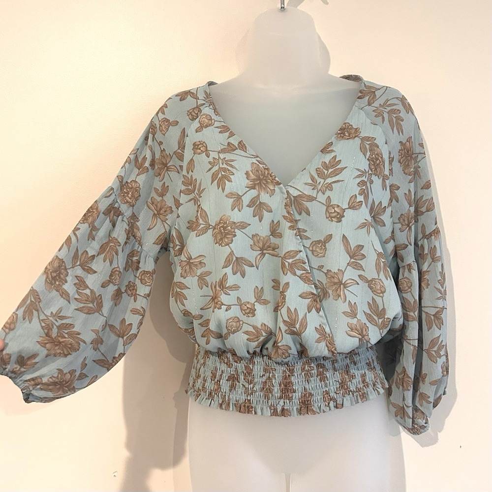 All In Favor SzS  Floral Blouse Sheer Balloon Sleeve Surplice V Neck Ruched
